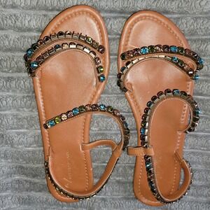 Anthropologie‎ Brown Strappy Rhinestone Jewel Sandals, 10M Multi Colored